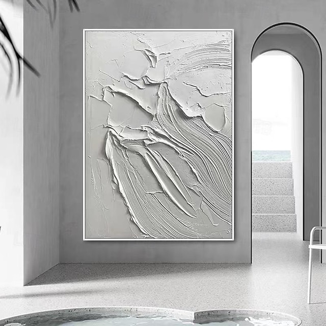  Pure Hand painted Knife Palette Vertical Heavy Textured Abstract Wall Art Handmade Minimalist Modern White 3D texture painting Home Decor Stretched Frame Ready to Hang