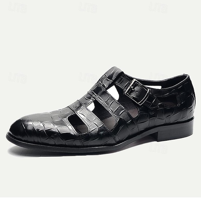  Men's Sandals Leather Shoes Fishermen sandals Leather Italian Full-Grain Cowhide Breathable Comfortable Slip Resistant Lace-up Black