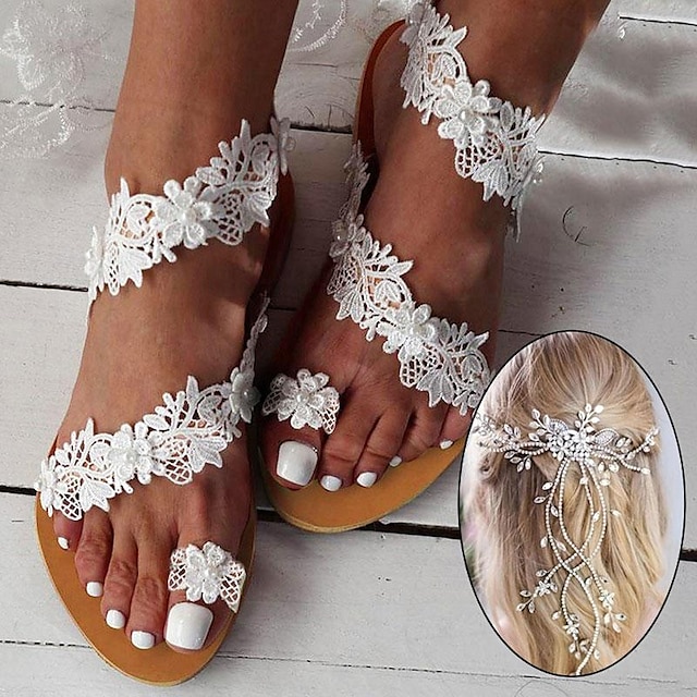  Beach Wedding Sets—Women's Sandals Wedding Shoes for Bridesmaid Peep Toe White PU With Lace Flower Imitation Pearl Flat Heel Shoes & Rhinestone Flower Headpiece Headwear