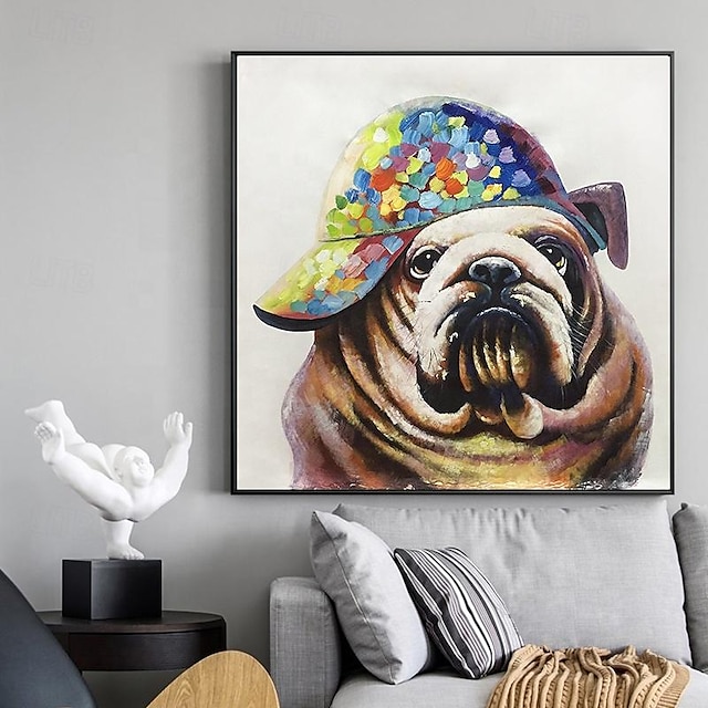  Künstlerdesign, lustiger Hund mit buntem Hut, Ölgemälde auf Leinwand, handgemaltes, modernes Kunst-Ölgemälde mit lustigem Hund