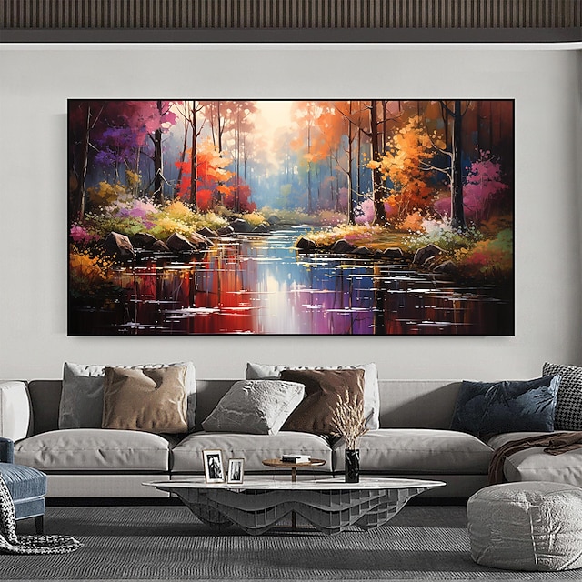  لوحة زيتية أصلية مصنوعة يدويًا لمشهد النهر على قماش جدار الغابة الذهبية لوحة فنية لديكور المنزل مع إطار ممتد/بدون لوحة إطار داخلي