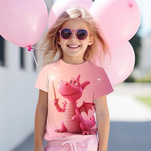  Девочки 3D Мультипликация Динозавр Футболка Рубашки Розовый С короткими рукавами 3D печать Лето Активный Мода Симпатичные Стиль Полиэстер Дети 3-12 лет Вырез под горло на открытом воздухе Повседневные