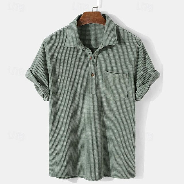 Men's Shirt Summer Shirt Casual Shirt Beach Shirt Corduroy Shirt Blue Green Apricot Short Sleeve Plain Lapel Vacation Holiday Pocket Clothing Apparel Polyester Fashion Casual Comfortable4