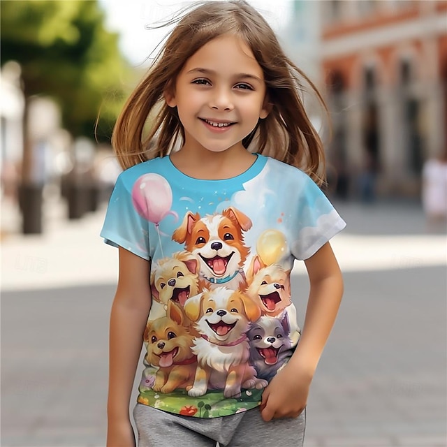  3D-Hunde-T-Shirts für Mädchen, kurzärmelig, 3D-Druck, Sommer, aktiv, modisch, niedlich, Polyester, Kinder 3–12 Jahre, Rundhalsausschnitt, Outdoor, lässig, täglich, normale Passform