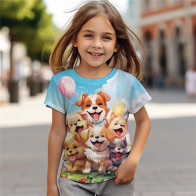  Girls' 3D Dog Tee Shirts Short Sleeve 3D Print Summer Active Fashion Cute Polyester Kids 3-12 Years Crew Neck Outdoor Casual Daily Regular Fit