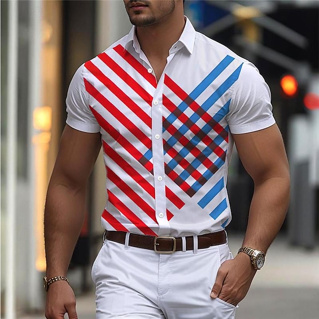  Stripe Geometry Men's Business Casual 3D Printed Shirt Outdoor Street Wear to work Summer Turndown Short Sleeves Red Blue Purple S M L 4-Way Stretch Fabric Shirt