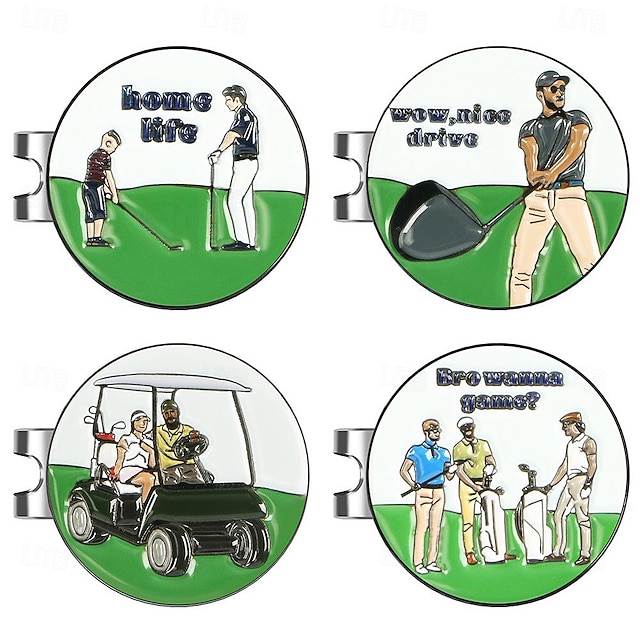  golfballmarkør hatteklips 25 mm rundt metallmyntmerke, ulike design for golfballposisjonering, praktisk klipsalternativ