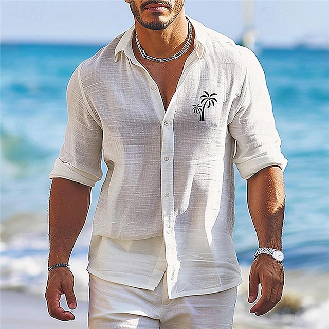 Men's Linen Shirt Beach Shirt Graphic Shirt Palm Tree Vacation Curise White Blue Long Sleeve Turndown Spring & Summer Clothing Apparel Print 7