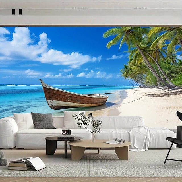  Cool Wallpapers Beach Boat Landscape Wallpaper Wall Mural Roll Sticker Peel Stick Removable PVC/Vinyl Material Self Adhesive/Adhesive Required Wall Decor for Living Room Kitchen Bathroom