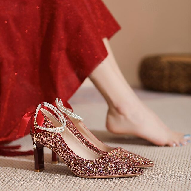  Mujer Tacones Zapatos de boda Slip-Ons Regalos de San Valentín Zapatos De Vestir Zapatos brillantes Boda San Valentín Tacones De Boda Zapatos de novia Zapatos de dama de honor Pajarita Perla de