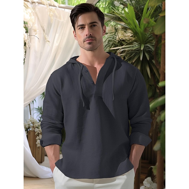  100% Linen Men's Linen Shirt Shirt Beach Shirt Black White Dark Navy Long Sleeve Plain Hooded Spring &  Fall Outdoor Daily Clothing Apparel