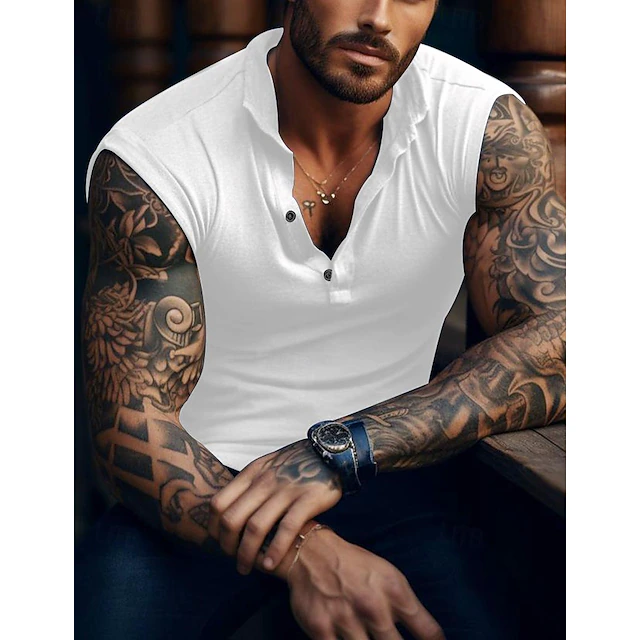 Men's Tank Top Vest Top Undershirt Sleeveless Shirt Sleeveless Henley Summer Plain Striped Fashion Designer Muscle Outdoor Going out Gym Black White Army Green Top Tee for Men4