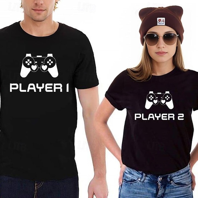 Couple T-shirt Game 2pcs Couple's Men's Women's T shirt Tee Crew Neck Black Valentine's Day Daily Short Sleeve Print Fashion Casual
