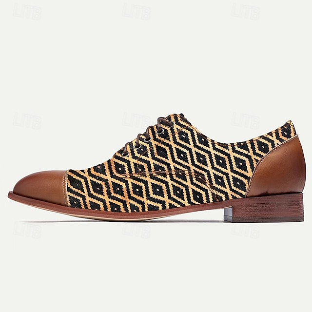  Men's Dress Shoes Gold Geometric Patterned Brogue Leather Italian Full-Grain Cowhide Slip Resistant Lace-up