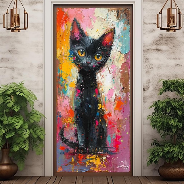  pictură pisică animale huse de ușă decor murale tapiserie ușă perdea decor decorare fundal ușă banner detașabil pentru ușa din față de interior în aer liber decorarea camerei de acasă furnituri de