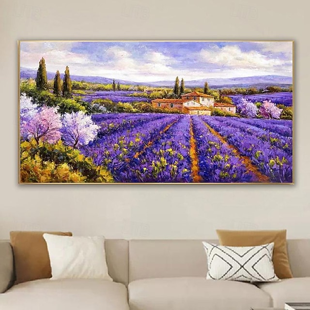  laventelikenttä maisema öljymaalaus maaseutu käsin maalattu öljymaalaus kukka maisemamaalaus käsintehty moderni seinätaide ilman kehystä