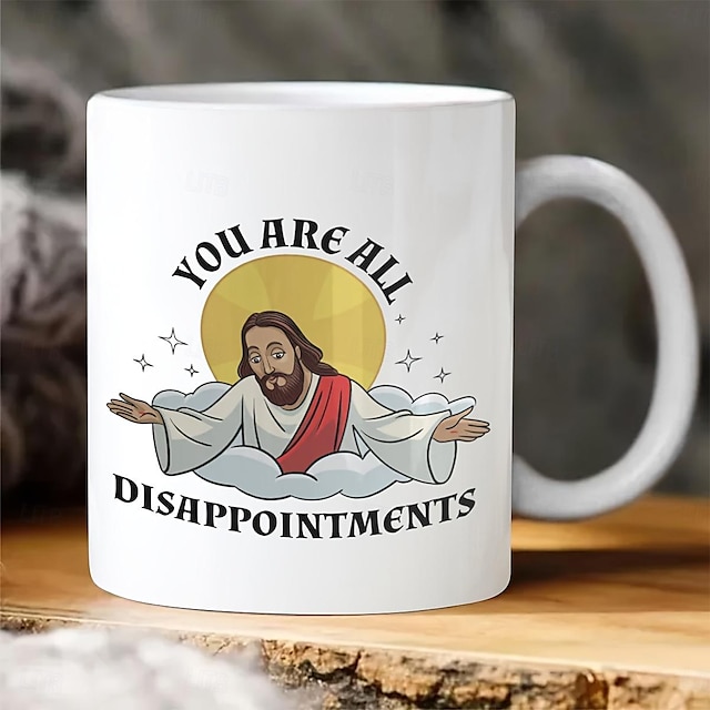  面白いコーヒーマグ - イエス・キリストのミーム「あなたはすべて失望しています」をフィーチャーした両面デザインのセラミックマグ：キリスト教のノベルティギフトティーカップ、家の装飾、パーティーギフト、誕生日ギフトに最適です。