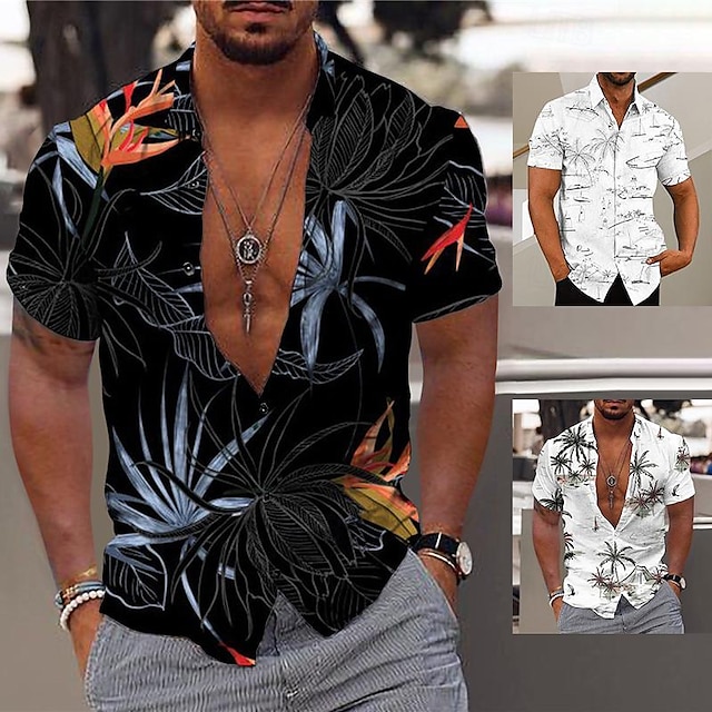 Tropical Coconut Tree Herren Resort Hawaiian 3D Printed Shirt Button Up Kurzarmhemd Sommer Strand Aloha Shirt Urlaub Tägliches Tragen S bis 3XL