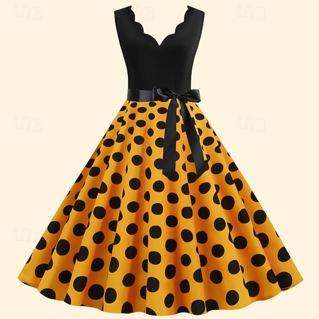  Polka Dots 1950er Jahre Grease Outfits Cocktailkleid Knielanges Kleid Rockabilly Schwingkleid Polka Dot V-Ausschnitt Schickes Kleid Damen Weihnachten Halloween Karneval Abend Party Erwachsenen Kleid