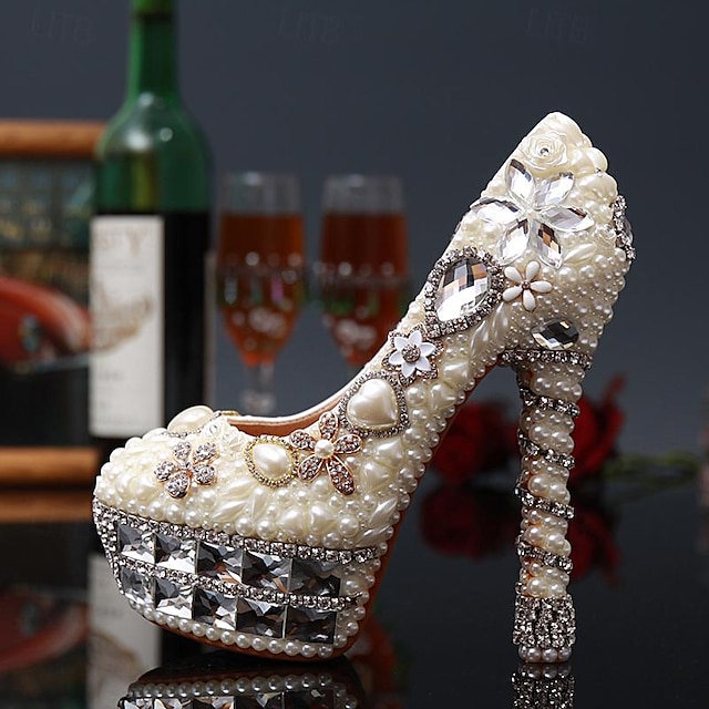  Women's Heels Wedding Shoes Party Floral Bridal Shoes Rhinestone Crystal Imitation Pearl Platform Round Toe Elegant Fashion Luxurious PU Loafer Beige