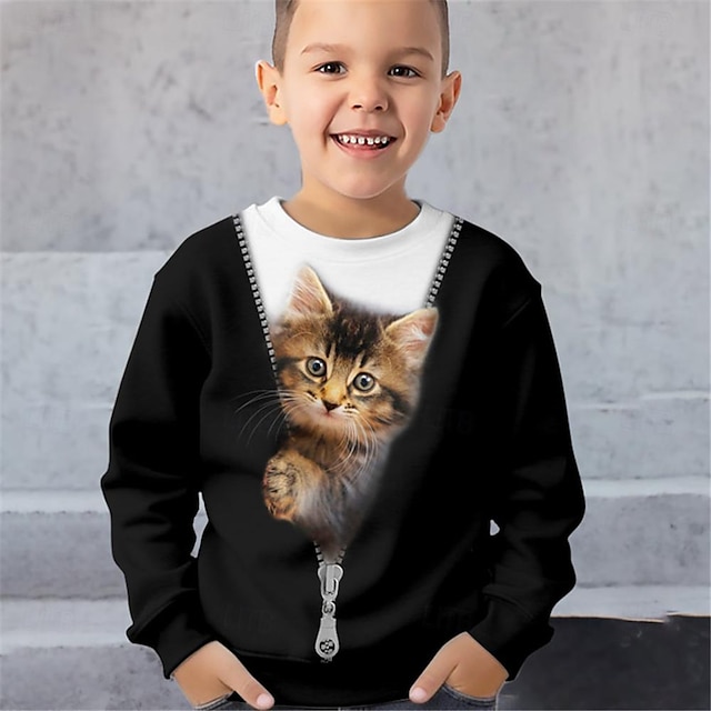 Boys 3D Cat Sweatshirt Pullover Long Sleeve 3D Print Spring Fall Fashion Streetwear Cool Polyester Kids 3-12 Years Crew Neck Outdoor Casual Daily Regular Fit