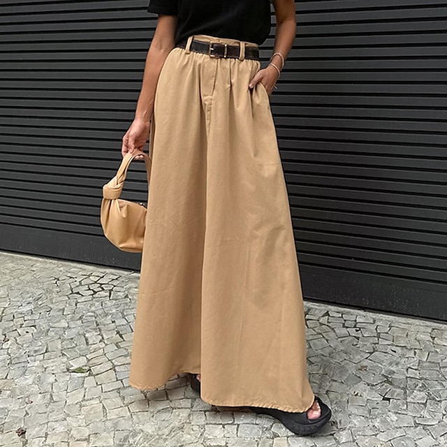  Mujer Falda Línea A Maxi Alta cintura Faldas Bolsillo Color sólido Calle Cita Verano Poliéster Moda Casual Negro Caqui