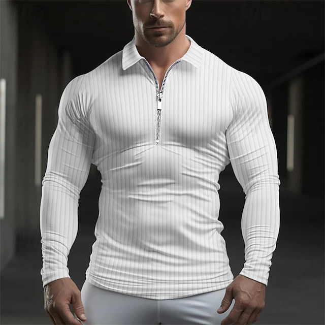 Men's Polo Shirts Muscle Shirt Vacation Work Lapel Long Sleeve Fashion Comfortable Plain Vertical Stripes Zip Up Spring & Fall Slim Fit Light Blue Black White Light Green Pink Wine Polo Shirts 13