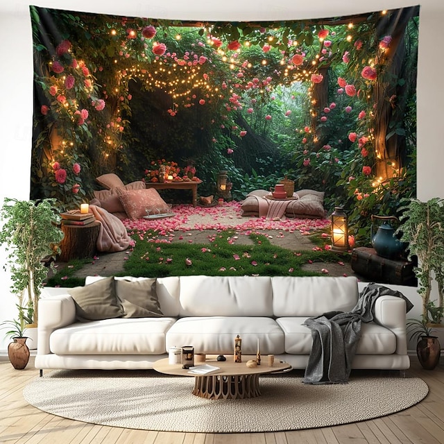  Dinner in Flowers Hanging Tapestry Wall Art Large Tapestry Mural Decor Photograph Backdrop Blanket Curtain Home Bedroom Living Room Decoration