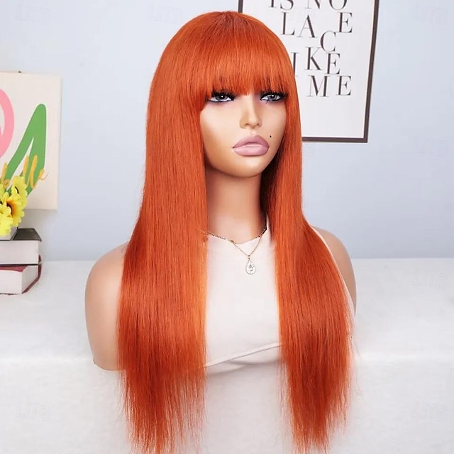  Peruca de cor laranja com franja cabelo liso brasileiro perucas de cabelo humano liso com franja remy completa máquina feita perucas de cabelo humano