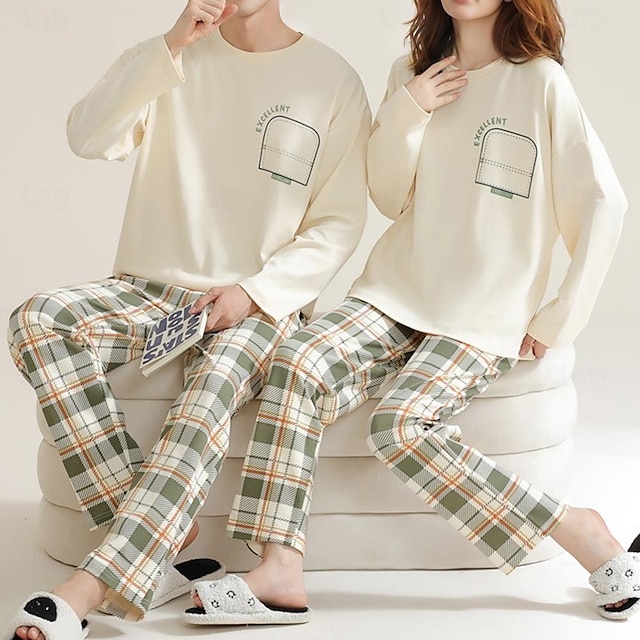  Couple Pyjamas Vêtements de nuit Plaid Imprimer Casual Fin de semaine du quotidien manche longue Col Rond Beige Printemps & Automne