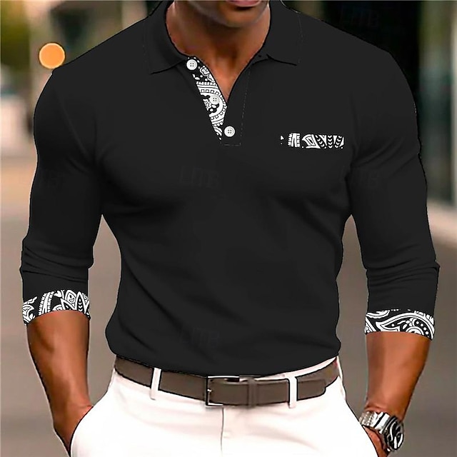  Męskie Zabytkowe 3D Nadruk Koszulka polo z dzianiny warkoczowej polo golfowe Codzienne Długi rękaw Wieczorne Koszulki polo Czarny Biały Jesień i zima S M L Średnio elastyczny Polo z klapami