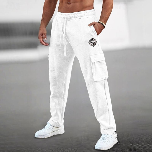  95%Cotton Men's Embroidery Sweatpants Joggers Trousers Drawstring Elastic Waist Multi Pocket Plain Comfort Breathable Casual Daily Holiday Sports Fashion Spring Summer Black White