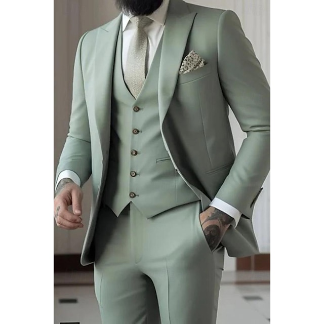  Sky Blue Sage Khaki Men's Prom Suits Wedding Prom Suits Solid Colored 3 Piece Formal Tailored Fit Single Breasted Two-button 2024