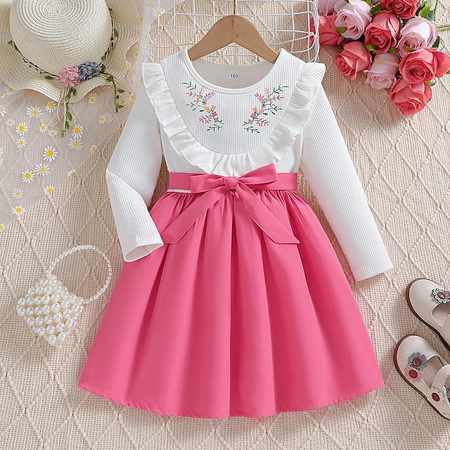  Girls' 3D Solid Color Dress Long Sleeve Spring Fall Toddler 2-6 Years Cotton Polyester