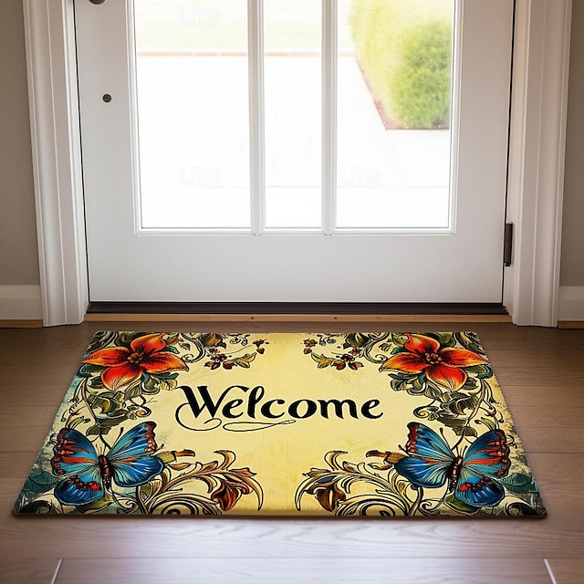  Felpudo floral de bienvenida, alfombras lavables, alfombra de cocina, alfombra antideslizante a prueba de aceite, alfombra interior y exterior, decoración de dormitorio, alfombra de baño, alfombra de