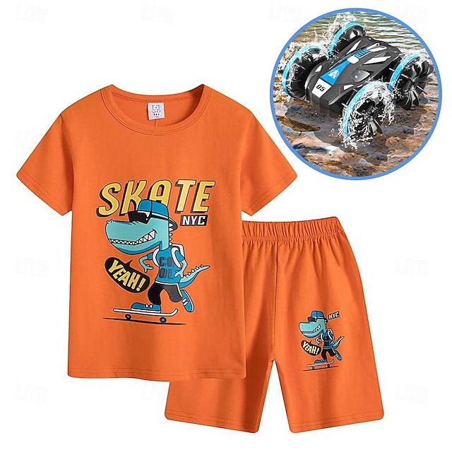  2 Pieces Kids Boys T-shirt & Shorts Outfit Cartoon Short Sleeve Cotton Set Casual Cool Summer Spring 7-13 Years With Water and Land Vehicle Summer Toy