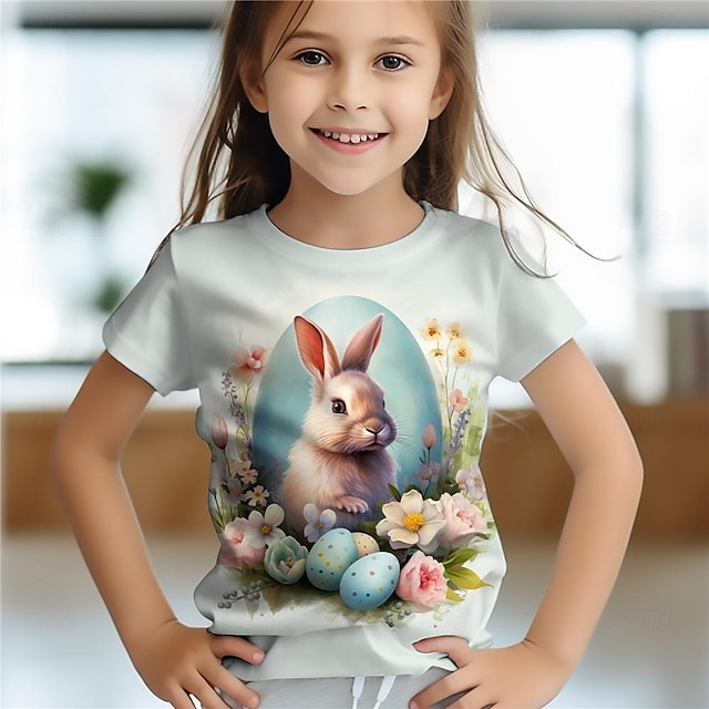  Påske Pige 3D Kanin T-shirt Skjorter Kortærmet 3D-udskrivning Sommer Aktiv Mode Sød Stil Polyester Børn 3-12 år Rund hals udendørs Afslappet Daglig Regulær