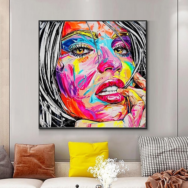  Handmade Oil Painting Acrylic Canvas Wall Art Decoration Pop Art Women Face Knife Drawing for Home Decor Rolled Frameless Unstretched Painting