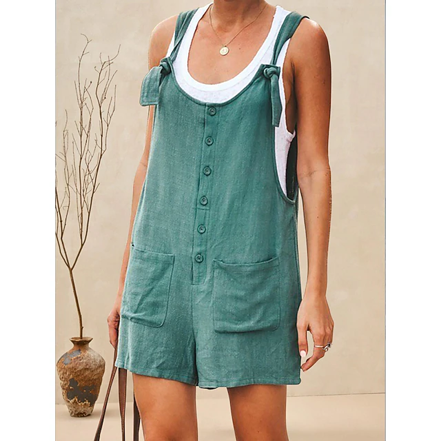 Women's Fashion Streetwear Overalls Short Pants Daily Weekend Inelastic Plain Linen / Cotton Blend Breathable Soft Mid Waist Loose Green Black Army Green Fuchsia Khaki S M L XL XXL 9