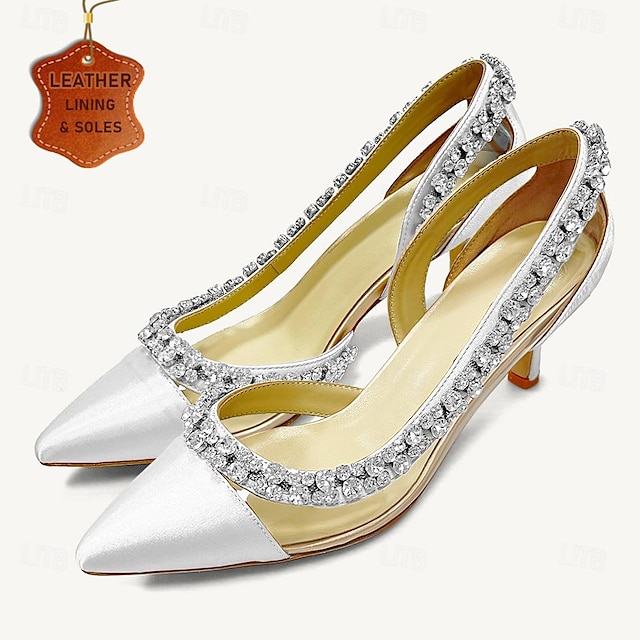  Γυναικεία Τακούνια Γαμήλια παπούτσια Πάρτι Νυφικά Παπούτσια Κρυσταλλάκια Γατίσιο Τακούνι Μυτερή Μύτη Κομψό Σατέν Μοκασίνια Μαύρο Λευκό Σαμπανιζέ