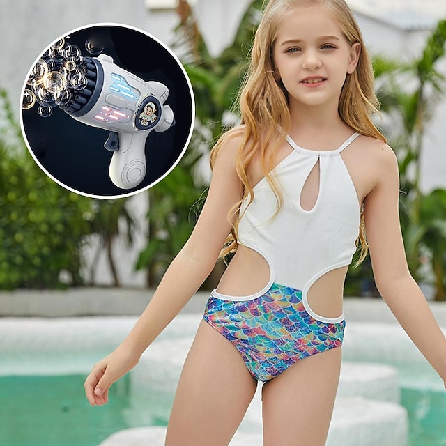  Traje de baño para niñas, trajes de baño activos con gráficos para exteriores, 7-13 años, verano blanco con 1 máquina de burbujas