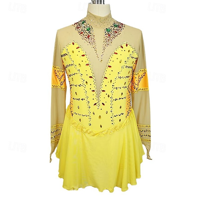  Φόρεμα για φιγούρες πατινάζ Γυναικεία Κοριτσίστικα Patinaj Φορέματα Κίτρινο Κουρελού Οπή για τον αντίχειρα Δίχτυ Σπαντέξ Ελαστικό Εκπαίδευση Εξάσκηση Επαγγελματική Ενδυμασία πατινάζ Κρύσταλλο / Στρας