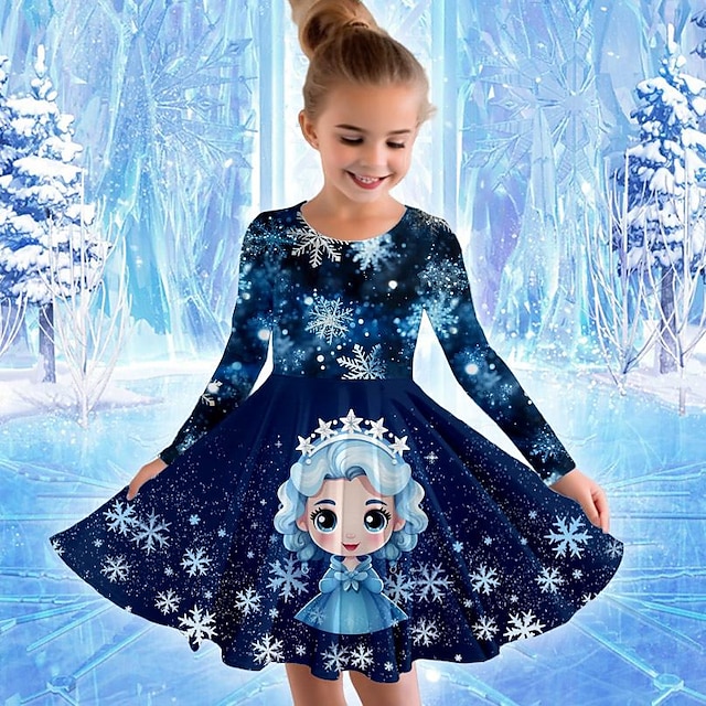  Flickor 3D Tecknat Prinsessa Klänning Långärmad 3D-tryck Vår Höst Semester Sport & Utomhus Dagligen söt stil Ledigt Skön Barn 3-12 år Vardagsklänning A linjeklänning Ovanför knäet Normal