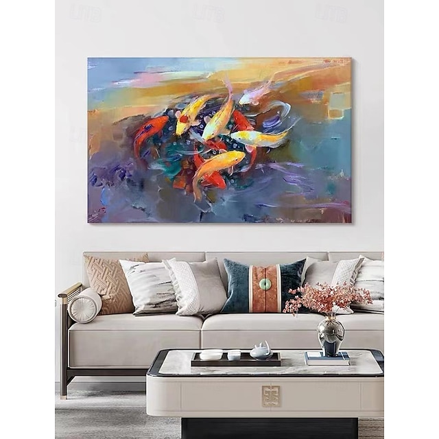  ציור שמן דגי קוי צבעוני על בד מצוייר ביד מקורי ציור נוף ים אוקיינוס מופשט נוף טבעי עיצוב סלון אמנות קיר