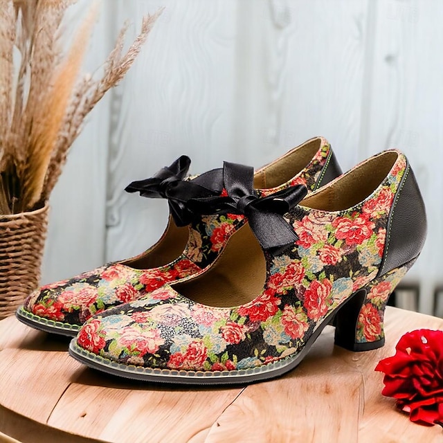  Γυναικεία Τακούνια Γόβες Μέρι Τζέιν Χειροποίητα Παπούτσια Vintage παπούτσια Πάρτι Καθημερινά Φλοράλ Γατίσιο Τακούνι Τακούνι φαντασίας Στρογγυλή Μύτη Κομψό Βίντατζ Δέρμα Πόρπη Πολύχρωμα