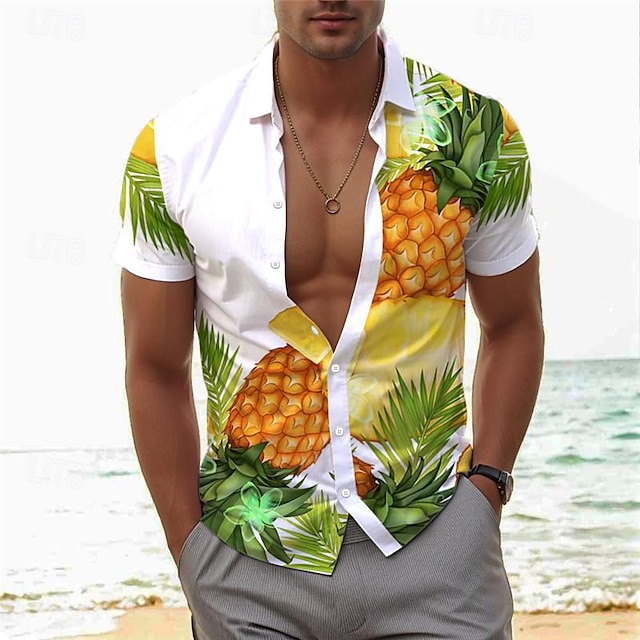  אננס טרופי חופשה הוואי בגדי ריקוד גברים חולצה בָּחוּץ הוואי חגים קיץ כל העונות צווארון מתקפל שרוולים קצרים כחול ירוק כהה כתום S M L חולצה