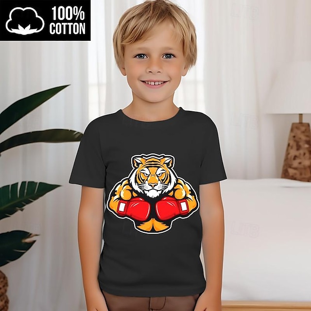  Jungen 3D Tiger T-Shirt Hemden Kurzarm 3D-Druck Sommer Aktiv Sport Modisch 100% Baumwolle kinderkleidung 3-12 Jahre Rundhalsausschnitt Outdoor Casual Täglich Regular Fit