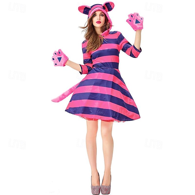  Alice in Wonderland O gato de Cheshire Traje Cosplay Roupa Ocasiões Especiais Mulheres Cosplay filme Fantasias Dia Das Bruxas Rosa claro Dia Das Bruxas Carnaval Baile de Máscaras Vestido Luvas