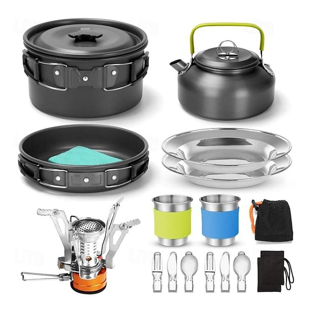  16pcs Camping Cookware Set With Folding Camping Stove, Non-stick Lightweight Pot