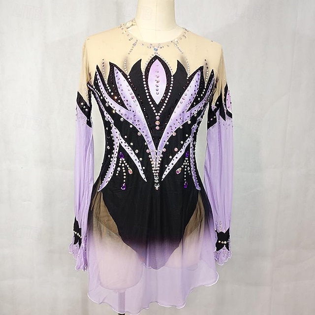  Latin Dance Ballroom Dance Gymnastics Dress Glitter Acrylic Jewels Splicing Women's Girls' Performance Party Long Sleeve Natural Elastic Mesh Elastane